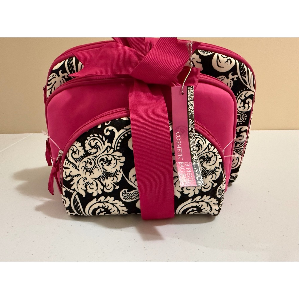 3 Piece Cosmetic Bag Set Hot Pink Black White Damask Travel Makeup Pouches NEW